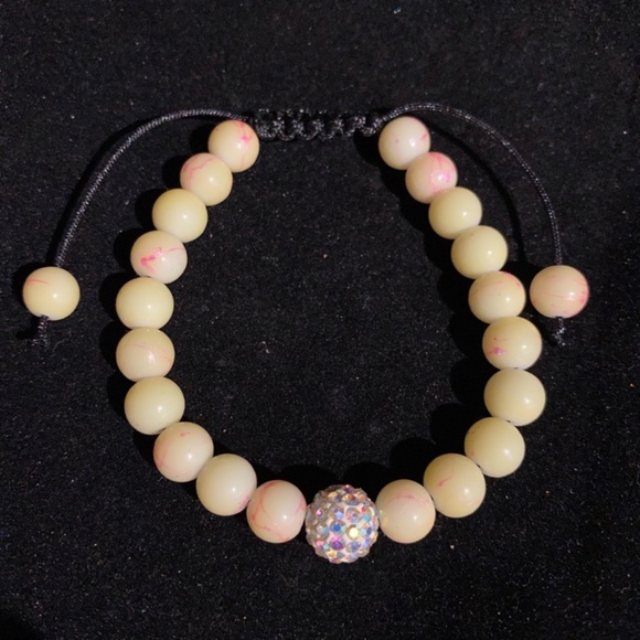 Macrame Acrylic Beaded Shambala Boho Bracelet Faux Pearl Disco Ball Rhinestones - Picture 1 of 8